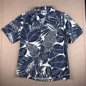 Vintage‎ Howie Hawaiian Shirt Men S Blue White Leaf Print Aloha Made In Hawaii